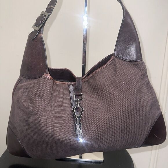 Authentic GUCCI Jackie O Canvas Leather Trim Handbag Chocolate Brown - Picture 2 of 11